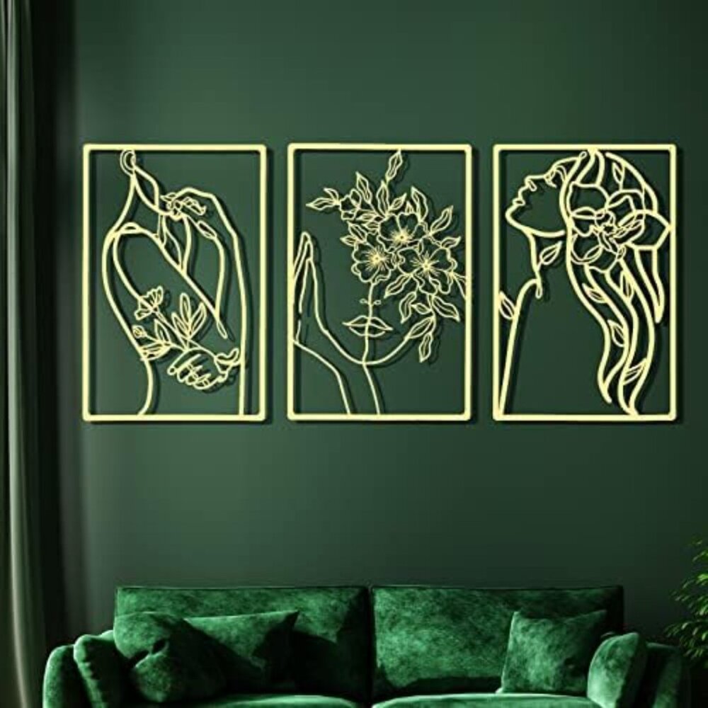 New 3 Pieces Single Line Gold Metal Wall Art Female & Flower Sign for Home Decor